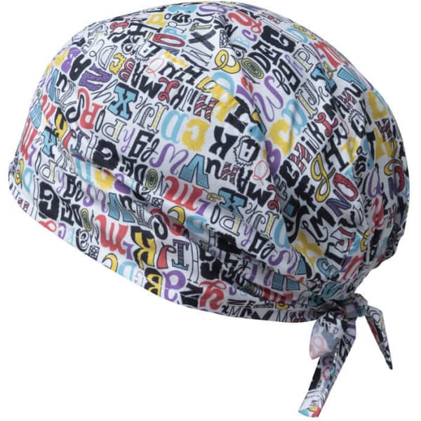 A bandana featuring a colourful design with various letters and patterns, tied at the back. It has a logo.