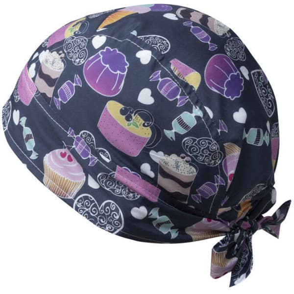 A dark bandana featuring colourful illustrations of sweets and desserts, with a knot at the back.