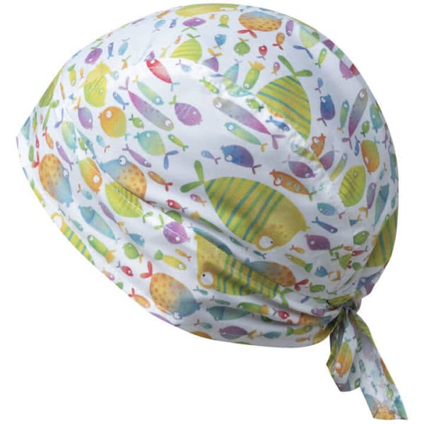 A brightly coloured bandana featuring various playful fish patterns on a white background, tied at the back.