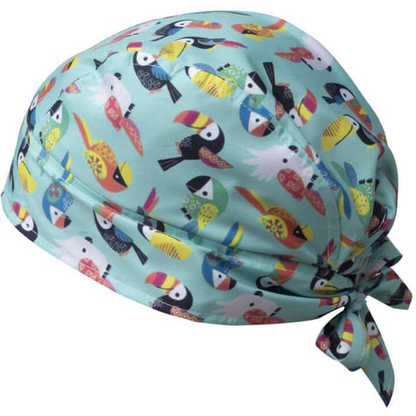 A bandana featuring a colourful bird print on a light blue background. The product has a tied design.