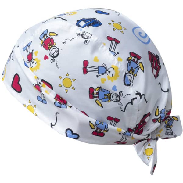 A white bandana featuring colourful cartoon designs, including hearts, cars, and sun motifs, with a tied knot.