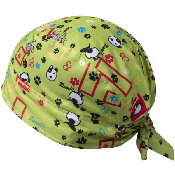 A green bandana featuring a playful pattern of animals and paw prints. It has a tied back design.