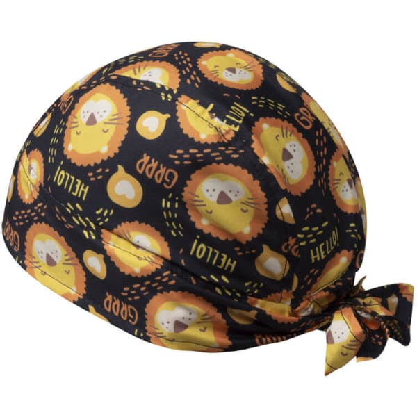 A yellow and navy bandana featuring playful lion and heart patterns, tied at the back. It has a logo.