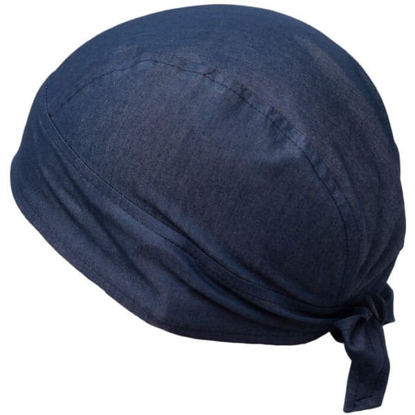 A navy blue bandana with a tied back design, featuring a smooth texture and rounded shape.