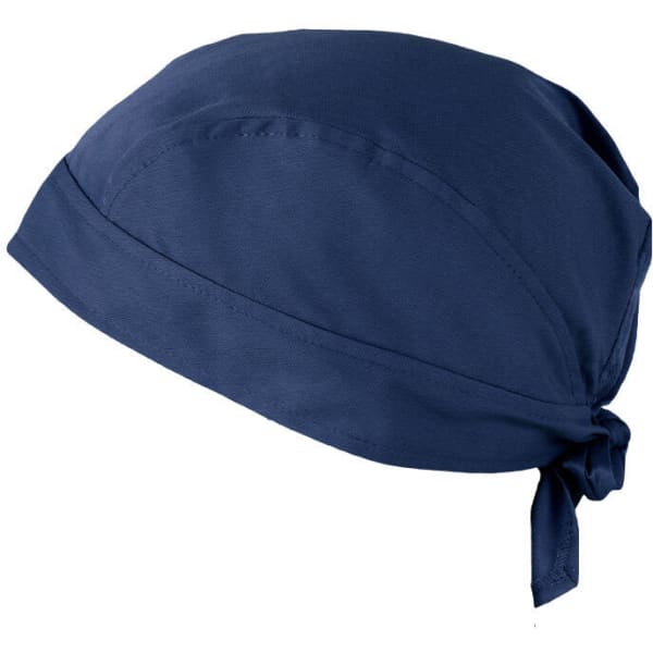 A navy blue bandana with a tied back design and a smooth fabric texture. Features a logo.