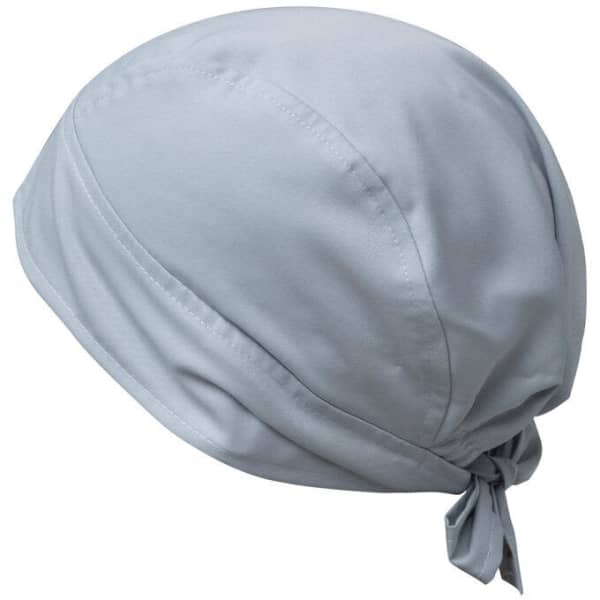 A light blue bandana with a tied back design, featuring a logo on the fabric.