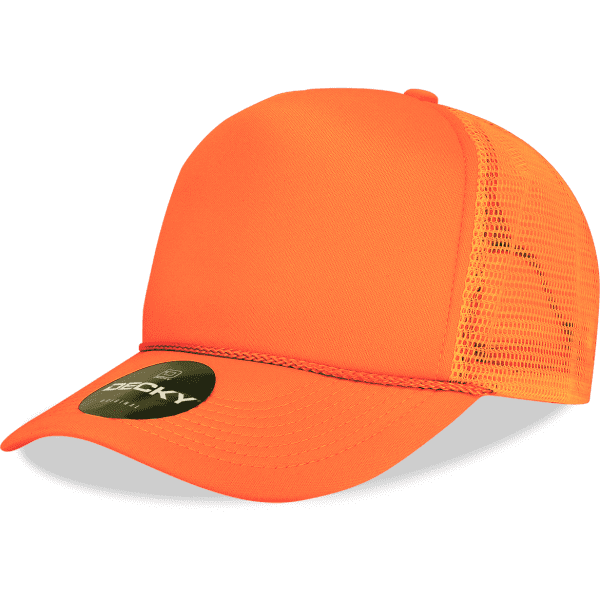 A bright orange 5-panel high profile structured foam trucker cap with a mesh back and a branded tag.