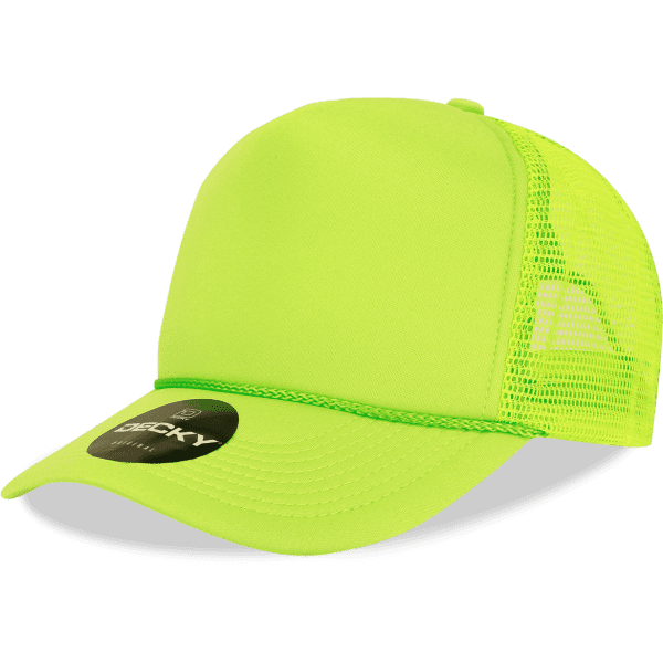 A high-visibility neon yellow foam trucker cap with a mesh back and a branded patch on the front.