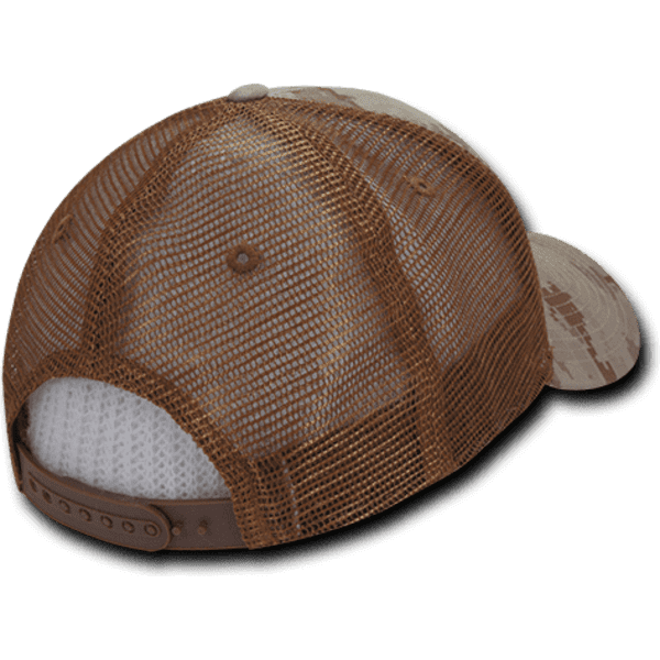 A brown and beige camo trucker hat featuring a relaxed low profile and mesh back for ventilation.