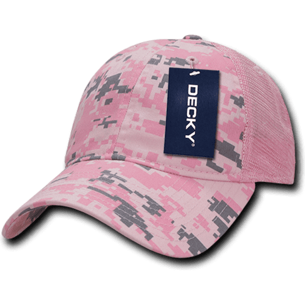 A pink and grey camo trucker cap with a mesh back and a brand tag attached.