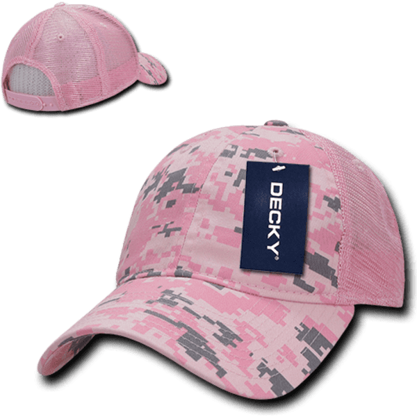 A pink camo trucker cap featuring a six-panel design and mesh back, with a logo on the front.