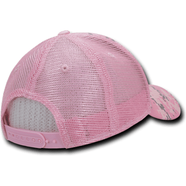 A pink camo trucker cap with a low-profile, relaxed fit and mesh back, featuring an adjustable strap and a logo.