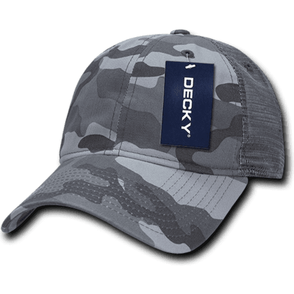 A grey camo cap with a low profile and relaxed fit, featuring a mesh back and a tag attached.