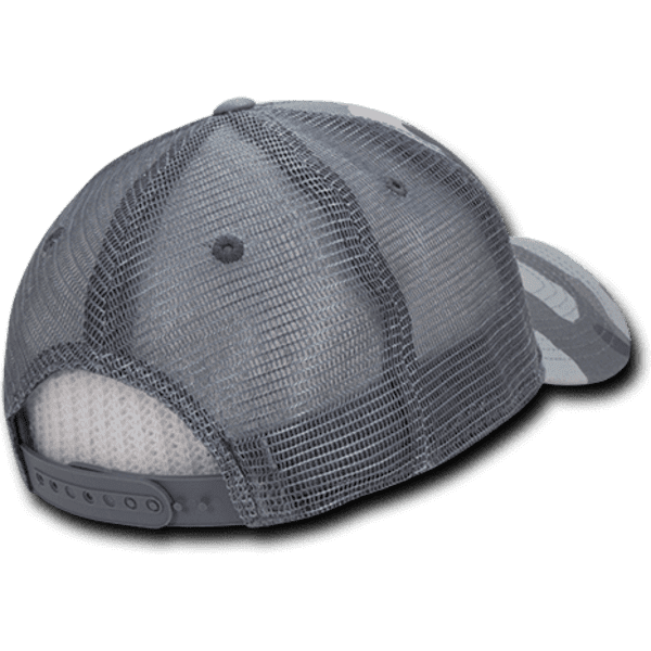 A grey camo trucker cap featuring a mesh back and adjustable strap, with a logo visible on the design.