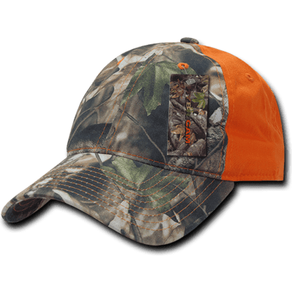 A camo-patterned cap with an orange peak, featuring a logo on the side. It's a six-panel low-profile dad hat.
