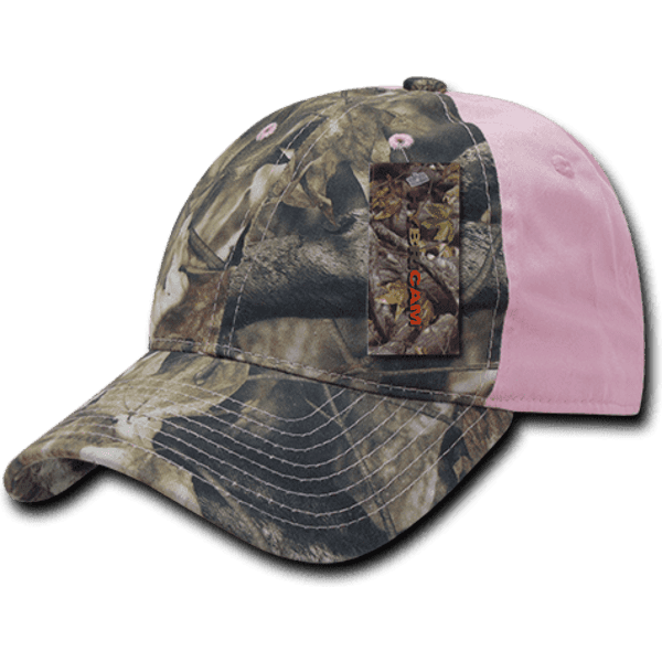 A camouflage and pink 6-panel low pro hybrid dad hat with a logo on the side.