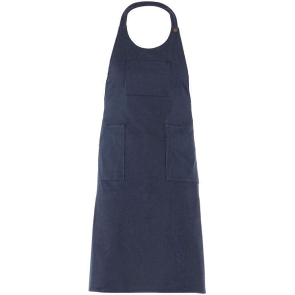 A navy blue apron featuring two front pockets and a neck strap, with a logo on it.