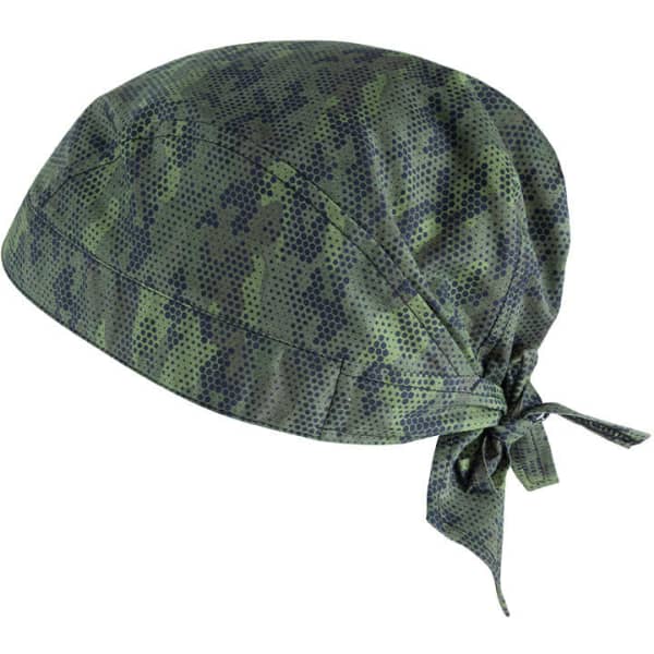A green and black patterned bandana with a tied back design and a logo.