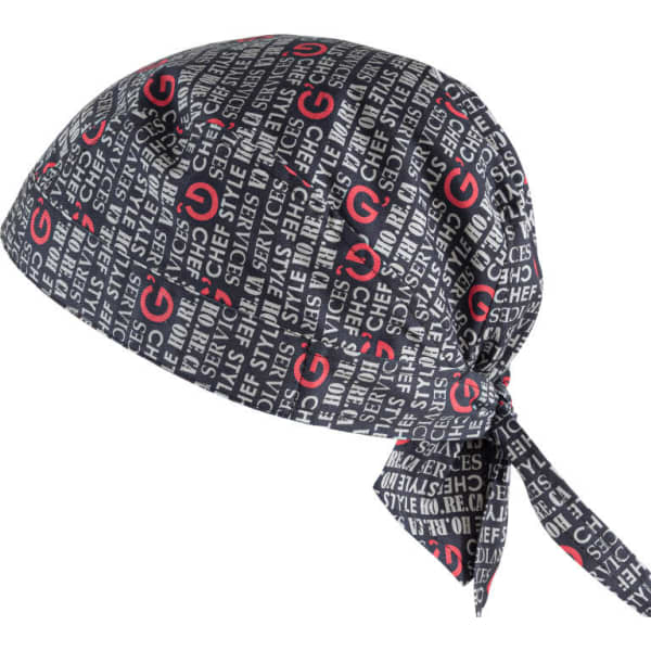 A black bandana featuring a patterned design with red and white text. It has a tying feature at the back.