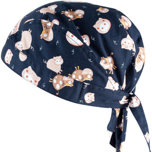 A navy bandana featuring a playful pattern of cartoon animals, including pigs and cows, with a tied design.