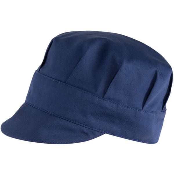 A navy blue cap with a structured design and a short brim, featuring a logo.