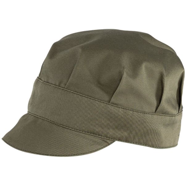 A green cap with a structured design and a wide brim, featuring a small band around the crown.