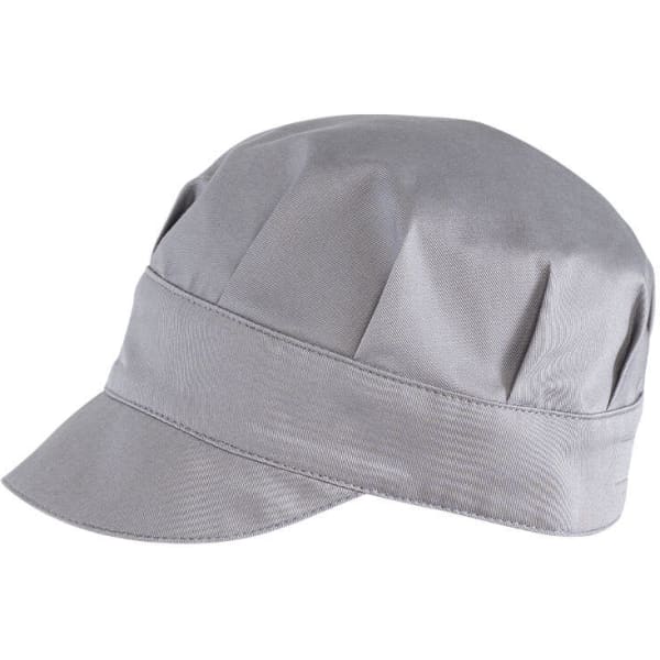 A grey hat with a structured, flat crown and a short brim, featuring pleated detailing and a logo.