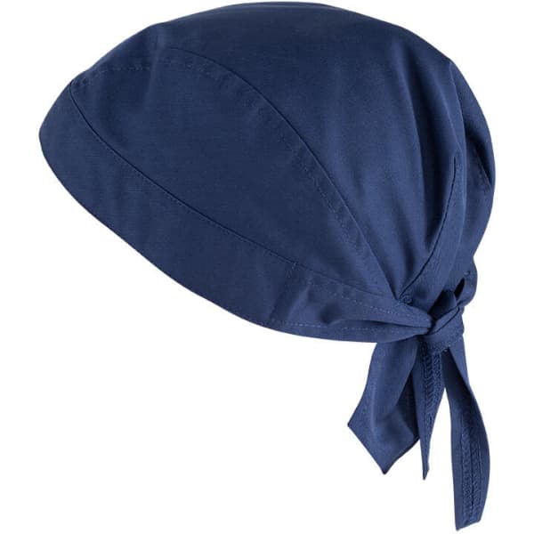A navy bandana with a tied back design, featuring a simple construction and a single logo.