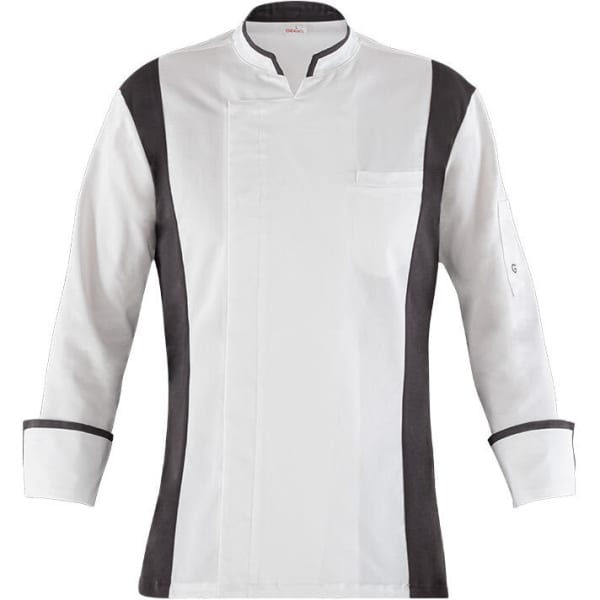 A chef jacket in white with black accents and a single pocket on the front. Features long sleeves and a collar.