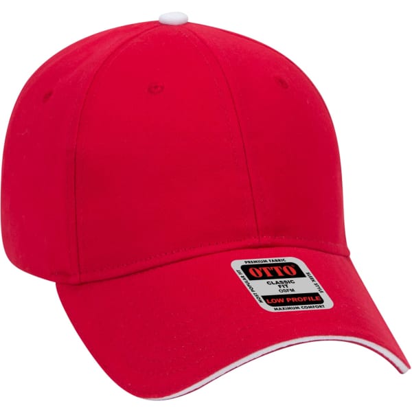 A red 6 panel baseball cap with a white button on top and a branding label on the front.