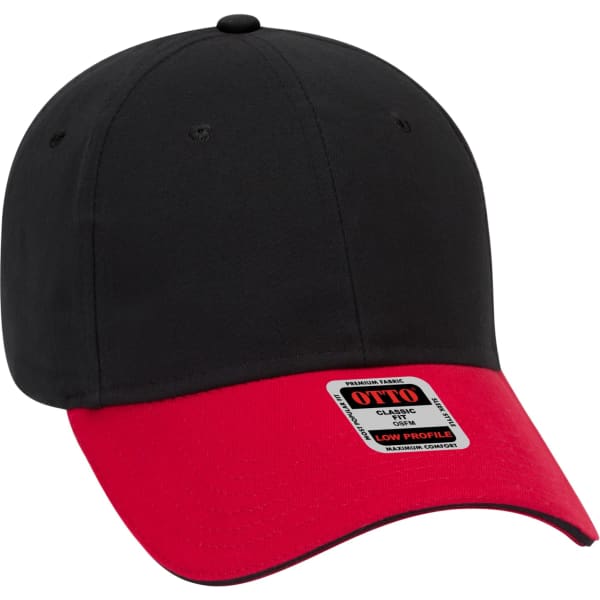 A black and red 6 panel baseball cap with a low-profile design and a logo on the front.