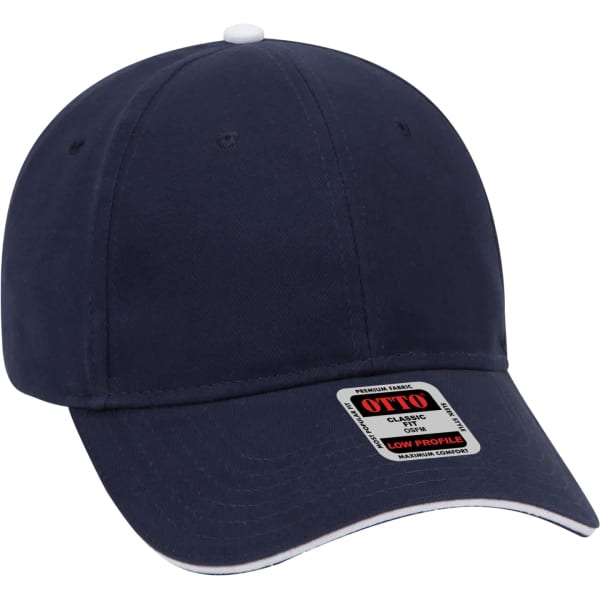 A navy blue 6 panel baseball cap with a white accent and a logo on the front.