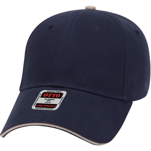A navy blue 6 panel baseball cap with a contrasting stitched brim and a logo on the side.