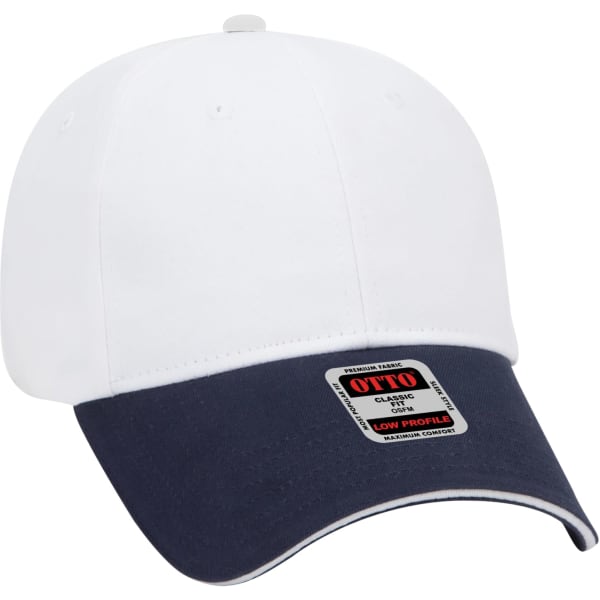 A six-panel baseball cap featuring a white top and a navy blue peak, with a logo on one side.