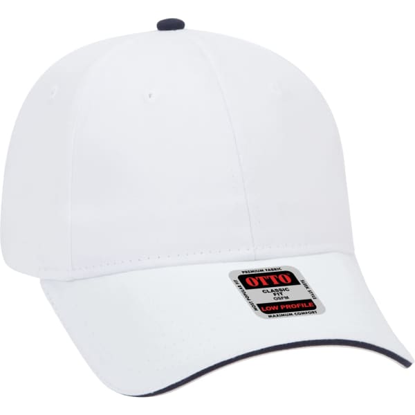 A white 6-panel baseball cap with a low profile and a contrasting navy blue peak, featuring a logo.