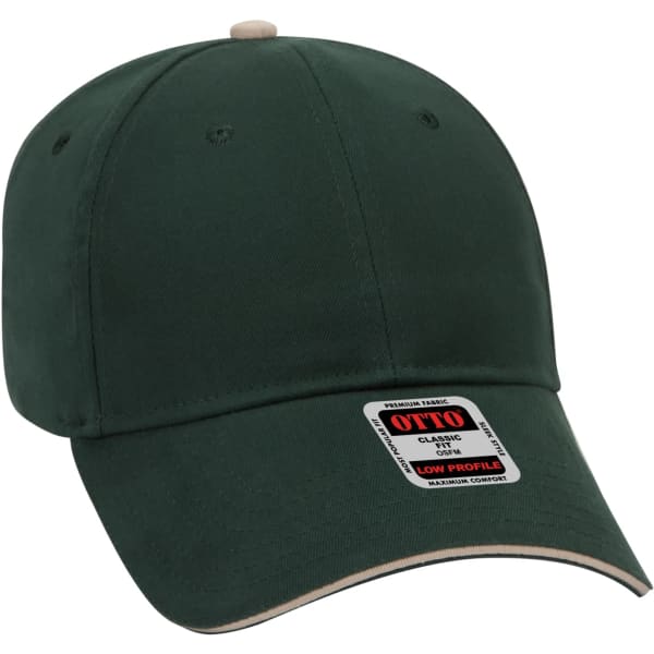 A dark green 6-panel baseball cap with a beige brim and a logo on the front label.