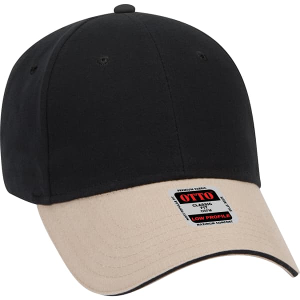 A black and beige 6-panel baseball cap with a low-profile design and a logo on the side.