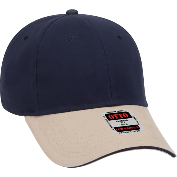 A navy and beige 6-panel baseball cap with a low-profile design and a logo on the front.