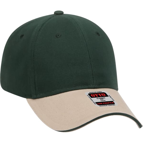 A green and beige 6 panel baseball cap with a low-profile design and a logo on the front.