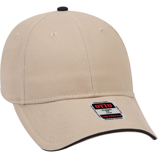 A beige 6 panel baseball cap with a low profile design and a small logo on the front.