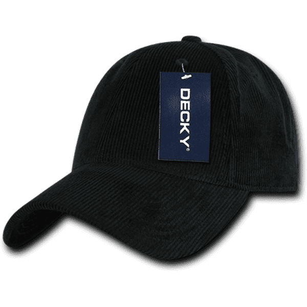 A black 6 panel low profile structured cap with a tag and curved brim. The cap features a logo.