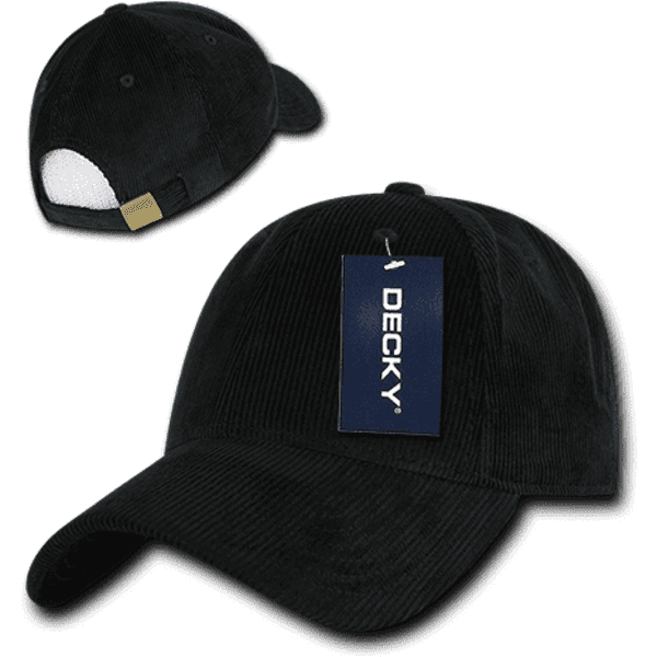 A black 6 panel low profile structured cap with a tag and a view of the back. features a logo.