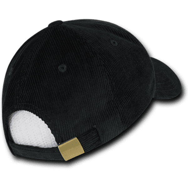 A black, low-profile structured cap featuring a corduroy texture and a rear clasp adjustment.