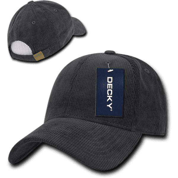 A dark grey six-panel low profile structured cap with a logo and a tag attached.
