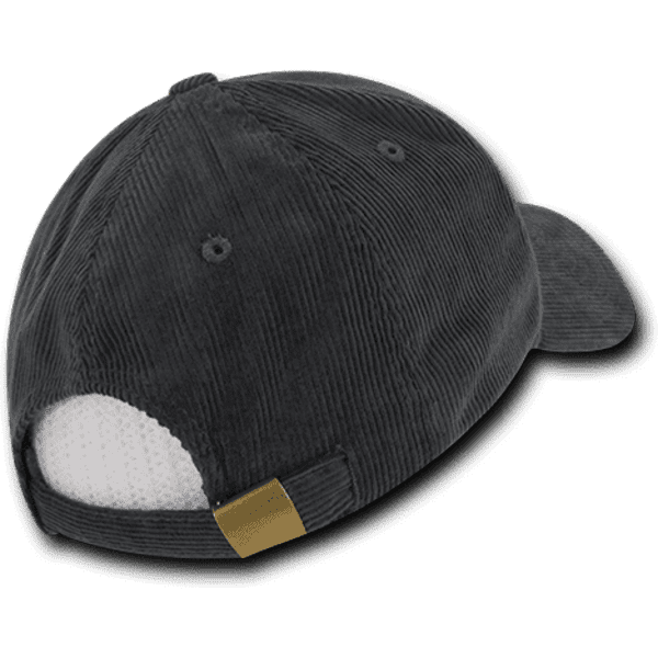 A grey corduroy cap with a low profile and structured design, featuring a rear adjuster and a logo.