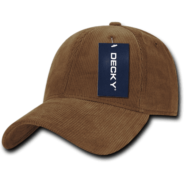 A brown, six-panel low-profile corduroy cap with a tag attached, featuring a logo.
