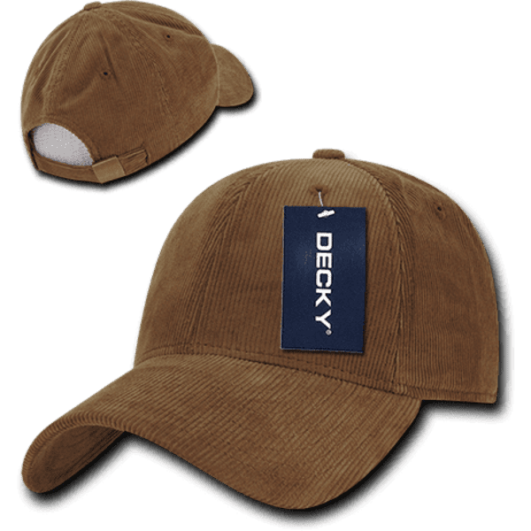 A brown 6 panel low profile structured cap with a tag and an adjustable strap at the back.