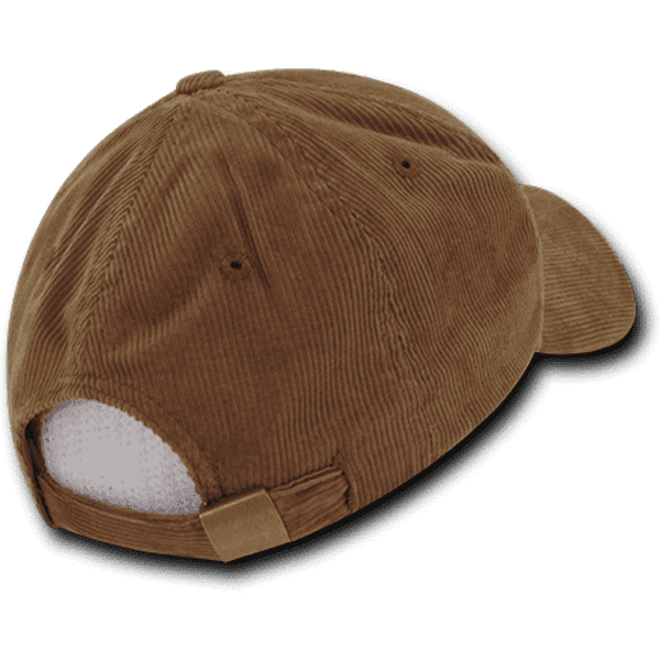 A brown, low profile structured cap with a corduroy texture and an adjustable strap at the back.