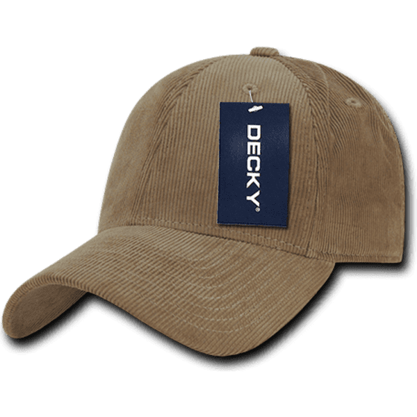 A low-profile corduroy cap in a light brown colour, featuring a logo and a tag attached.