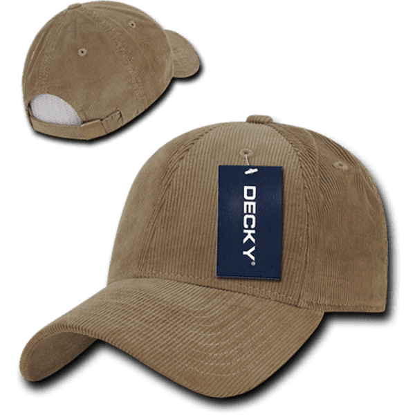 A low-profile structured cap in a light brown corduroy fabric, featuring a branding tag on the front.